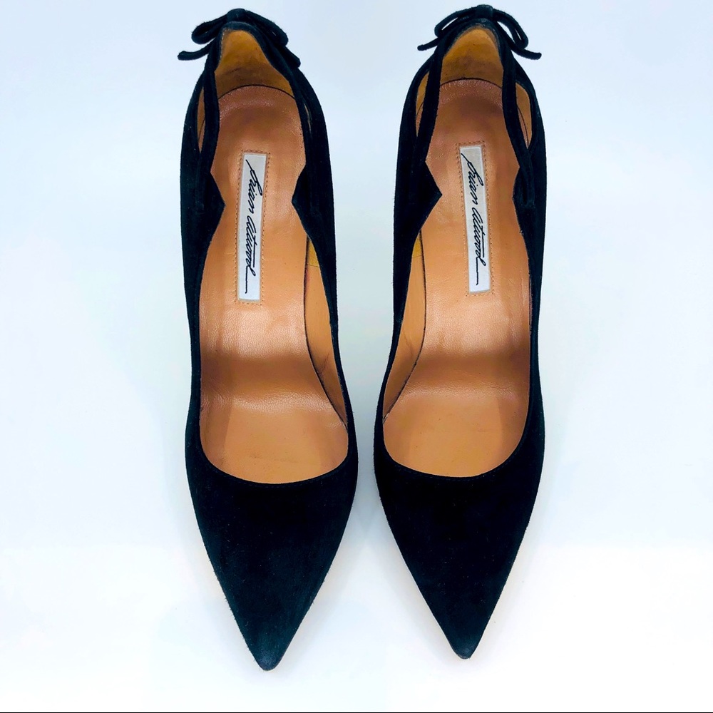 Black suede bow backed pumps